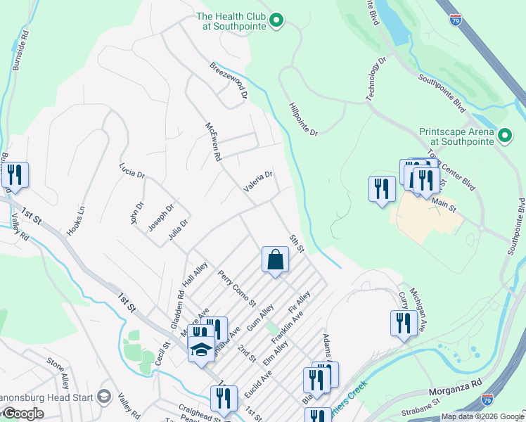 map of restaurants, bars, coffee shops, grocery stores, and more near 726 Gladden Road in Canonsburg