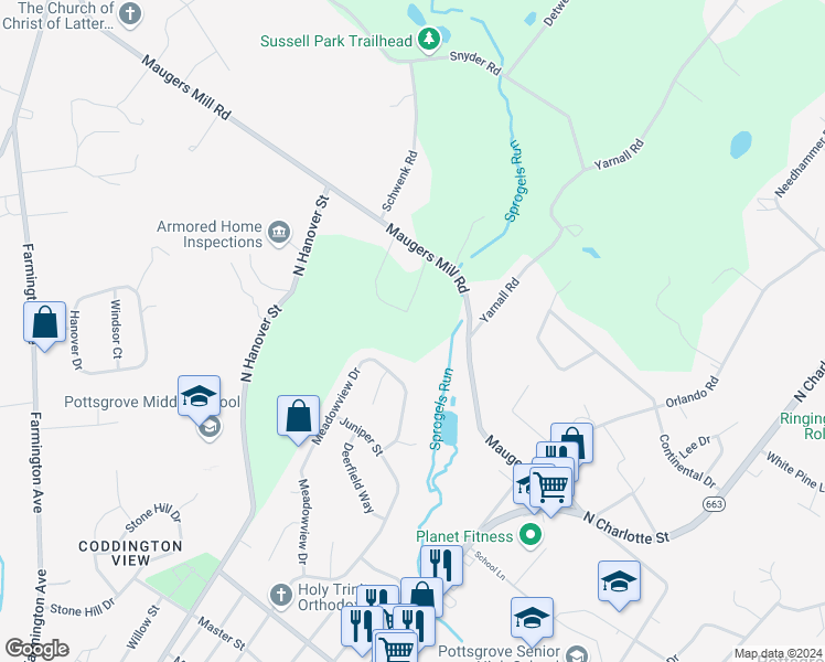 map of restaurants, bars, coffee shops, grocery stores, and more near 228 Maugers Mill Road in Pottstown