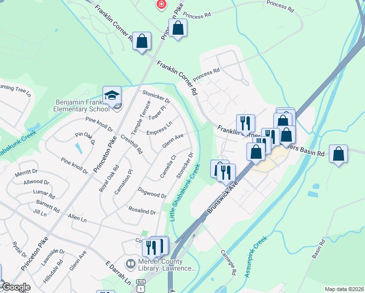 map of restaurants, bars, coffee shops, grocery stores, and more near 34 Stonicker Drive in Lawrence Township