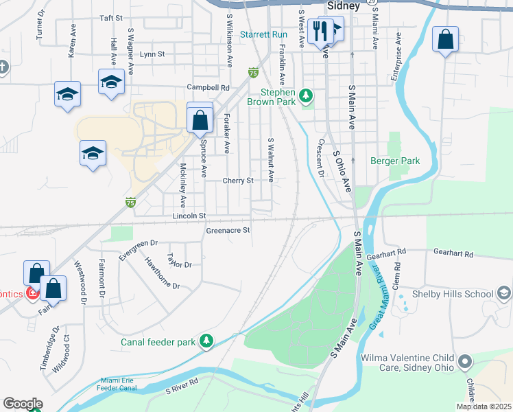 map of restaurants, bars, coffee shops, grocery stores, and more near 871 South Walnut Avenue in Sidney