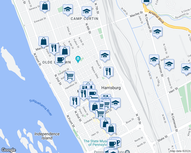 map of restaurants, bars, coffee shops, grocery stores, and more near 1625 Fulton Street in Harrisburg