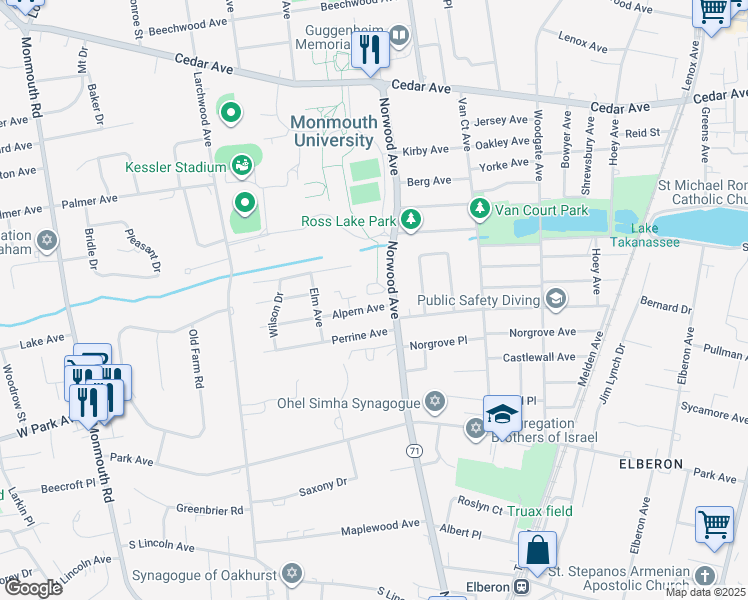 map of restaurants, bars, coffee shops, grocery stores, and more near 10 Norwood Avenue in West Long Branch