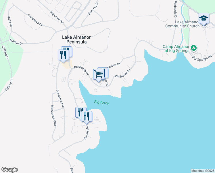 map of restaurants, bars, coffee shops, grocery stores, and more near Peninsula Drive & Cove Street in Westwood