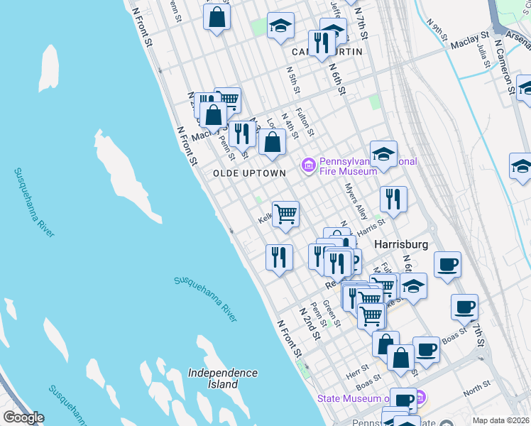 map of restaurants, bars, coffee shops, grocery stores, and more near 1804 Green Street in Harrisburg