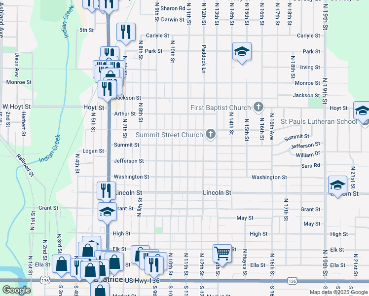 map of restaurants, bars, coffee shops, grocery stores, and more near 900 North 11th Street in Beatrice