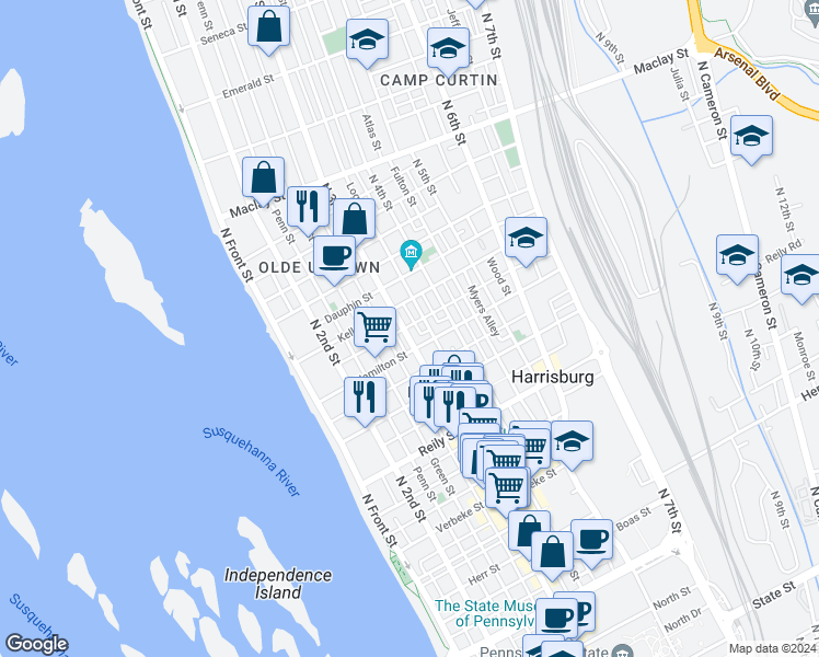 map of restaurants, bars, coffee shops, grocery stores, and more near 1719 North 3rd Street in Harrisburg