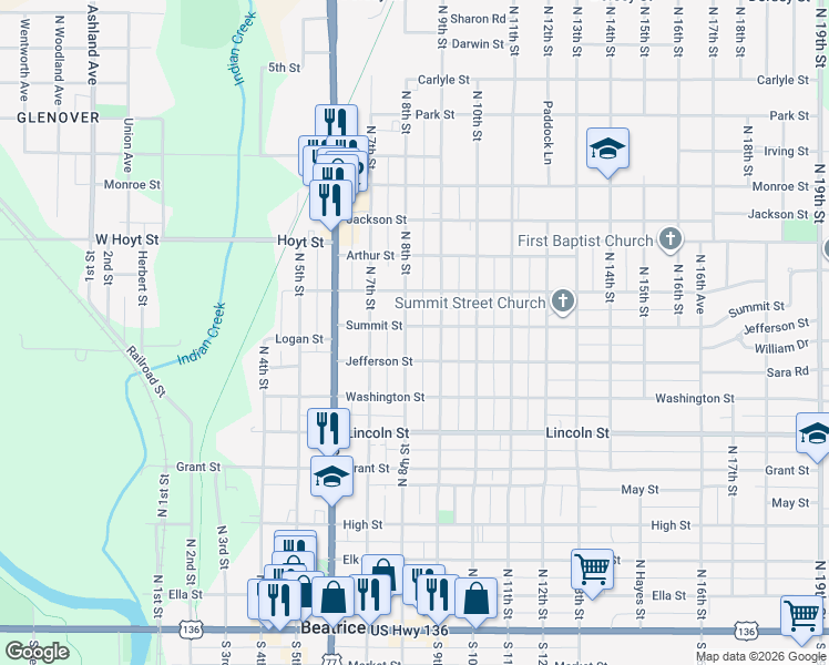 map of restaurants, bars, coffee shops, grocery stores, and more near 901 North 8th Street in Beatrice