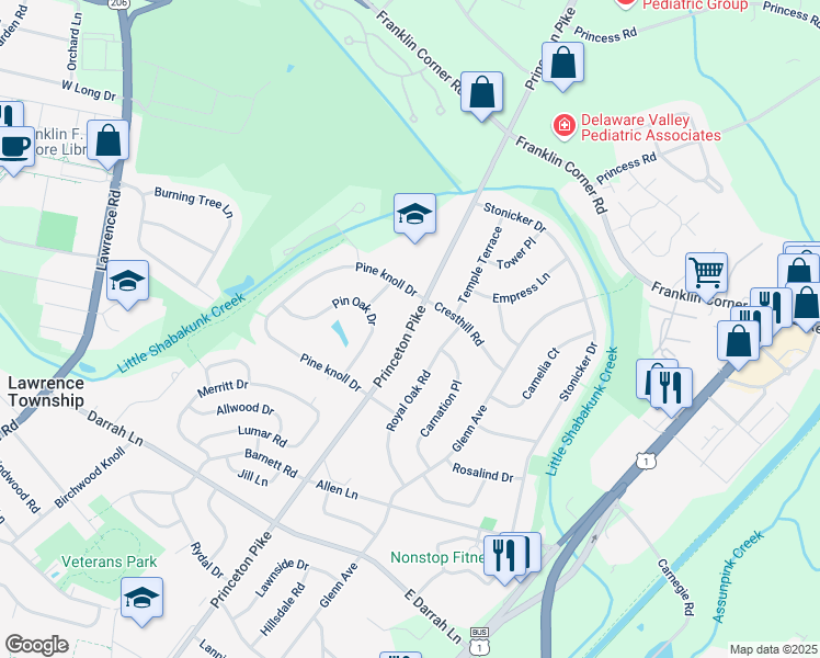 map of restaurants, bars, coffee shops, grocery stores, and more near 2881 Princeton Pike in Lawrence Township