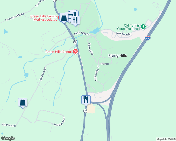map of restaurants, bars, coffee shops, grocery stores, and more near 36 Muirfield Drive in Reading