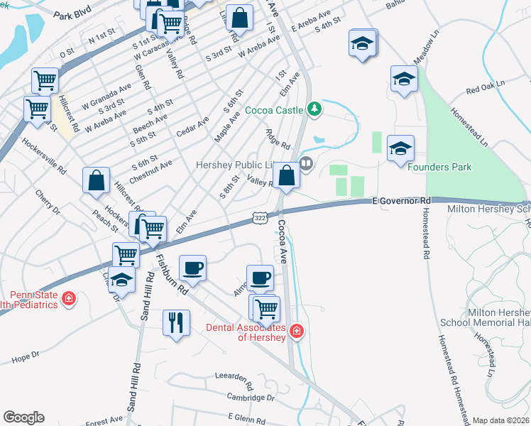 map of restaurants, bars, coffee shops, grocery stores, and more near 831 Linden Road in Hershey