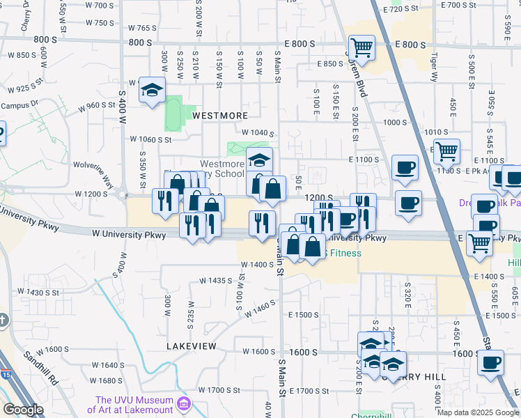 map of restaurants, bars, coffee shops, grocery stores, and more near 50 West University Parkway in Orem