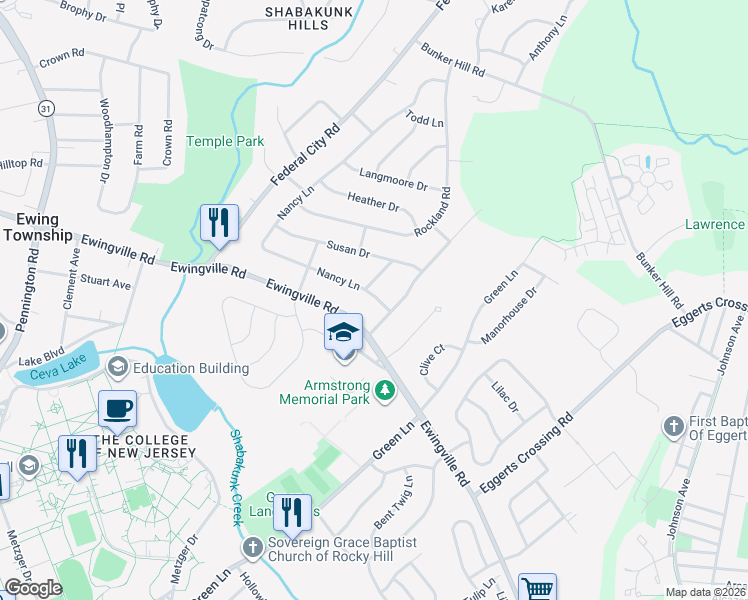 map of restaurants, bars, coffee shops, grocery stores, and more near 220 Nancy Lane in Ewing Township
