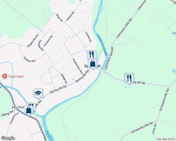 map of restaurants, bars, coffee shops, grocery stores, and more near 308 Spring Mount Road in Schwenksville