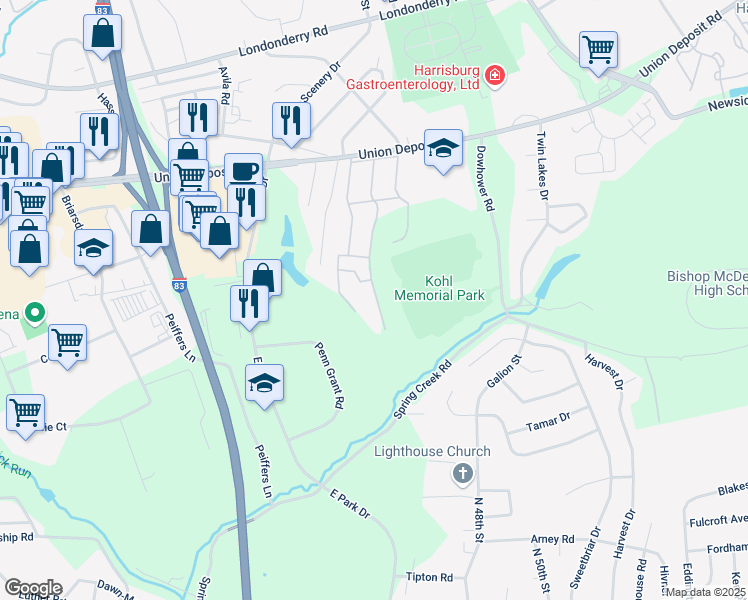 map of restaurants, bars, coffee shops, grocery stores, and more near 42 Lakepoint Drive in Harrisburg