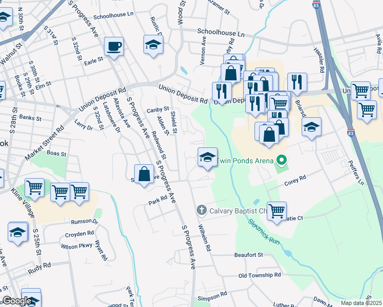 map of restaurants, bars, coffee shops, grocery stores, and more near 601 Wilhelm Road in Paxtang
