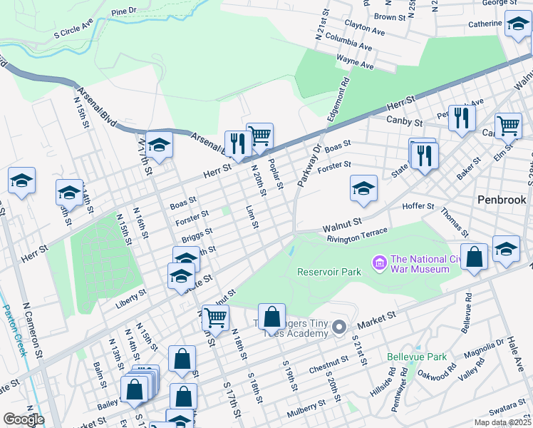 map of restaurants, bars, coffee shops, grocery stores, and more near 2015 Briggs Street in Harrisburg