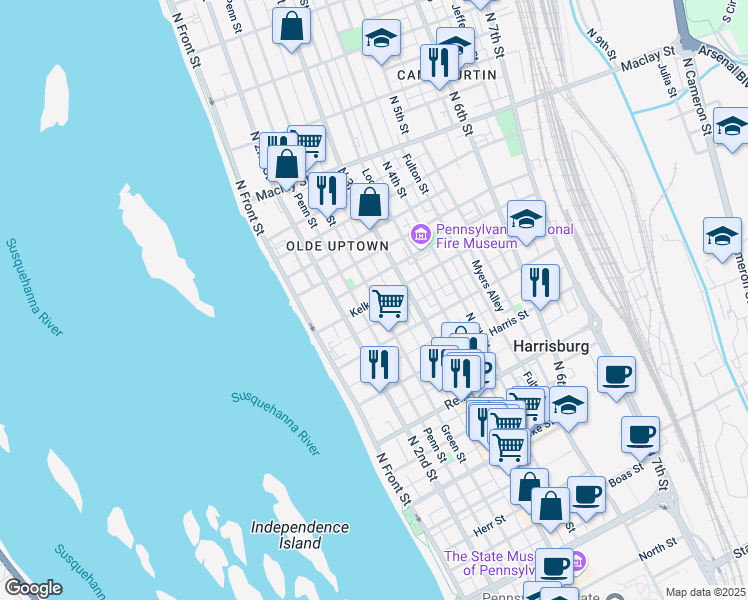 map of restaurants, bars, coffee shops, grocery stores, and more near 1804 Green Street in Harrisburg