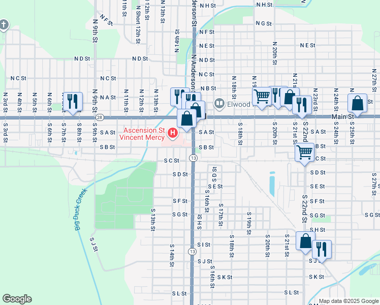 map of restaurants, bars, coffee shops, grocery stores, and more near 1500 South B Street in Elwood