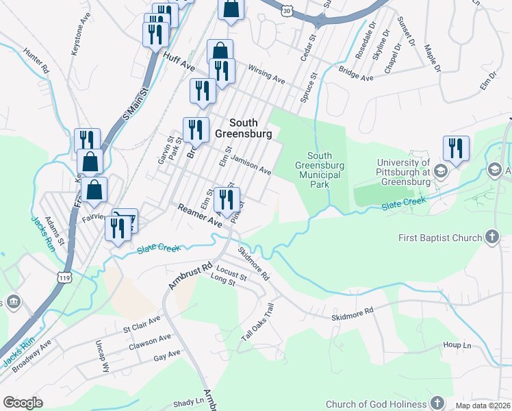 map of restaurants, bars, coffee shops, grocery stores, and more near 1519 Oak Street in Greensburg