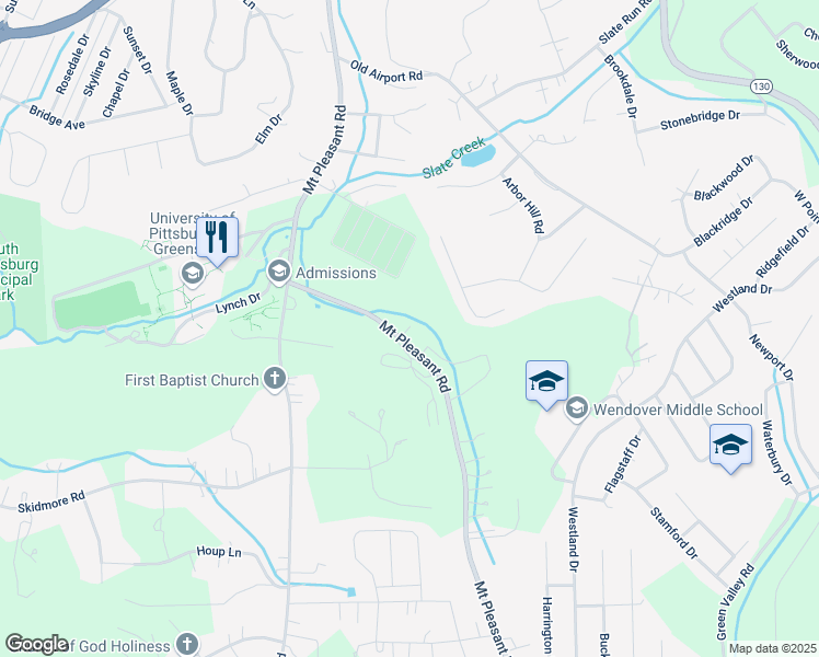 map of restaurants, bars, coffee shops, grocery stores, and more near 107 Wendwood Manor Street in Greensburg