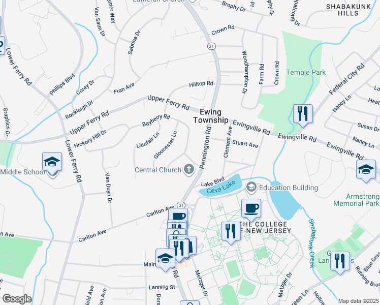map of restaurants, bars, coffee shops, grocery stores, and more near 7 Old Forge Lane in Ewing Township