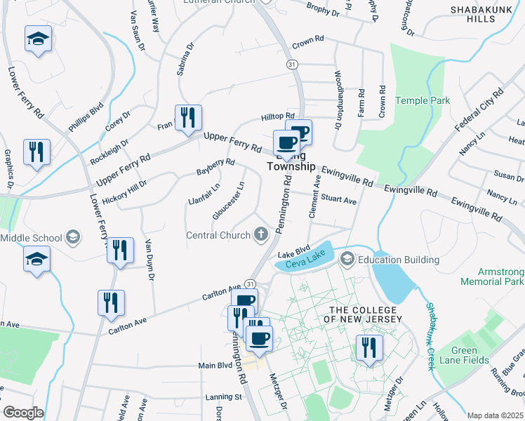 map of restaurants, bars, coffee shops, grocery stores, and more near 7 Old Forge Lane in Ewing Township