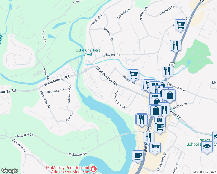 map of restaurants, bars, coffee shops, grocery stores, and more near 249 West McMurray Road in Canonsburg