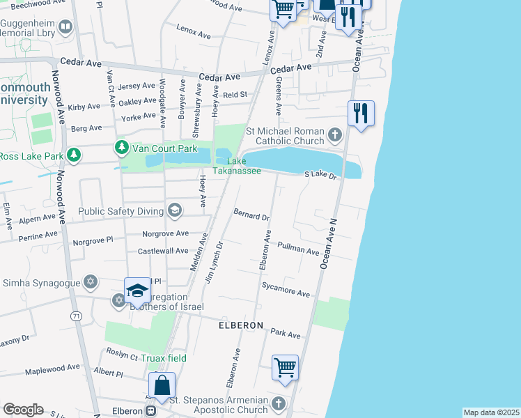 map of restaurants, bars, coffee shops, grocery stores, and more near 876 Elberon Avenue in Long Branch