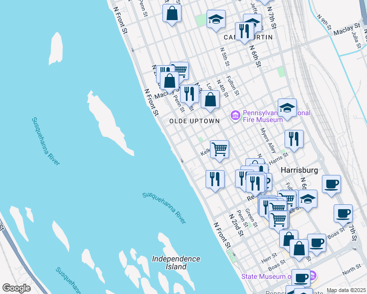 map of restaurants, bars, coffee shops, grocery stores, and more near 1829 North Front Street in Harrisburg
