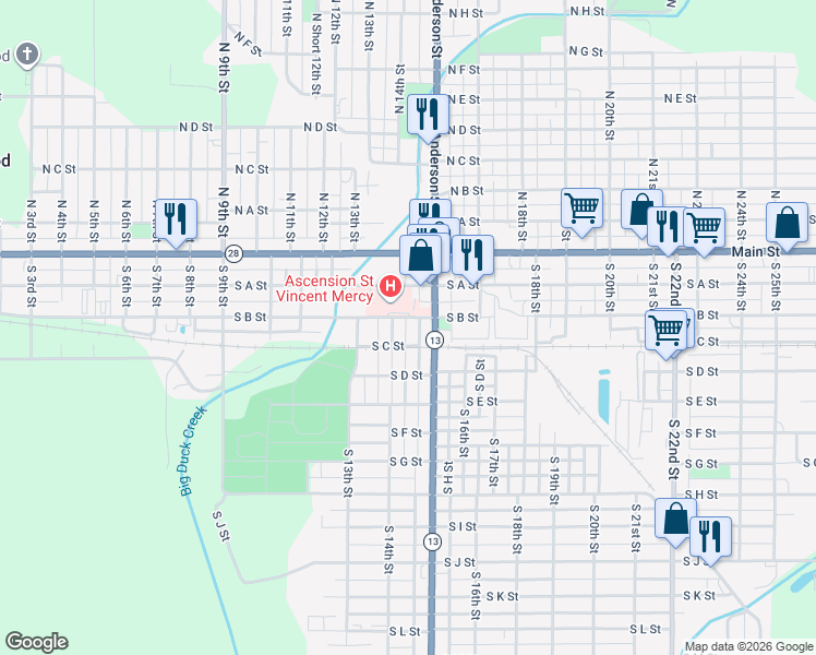 map of restaurants, bars, coffee shops, grocery stores, and more near 1333 South B Street in Elwood