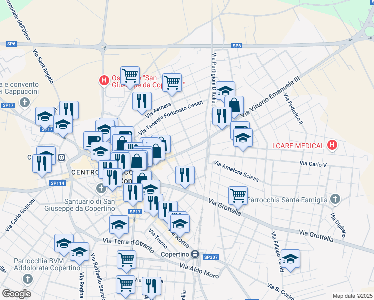 map of restaurants, bars, coffee shops, grocery stores, and more near 30 Via Goffredo Mameli in Copertino