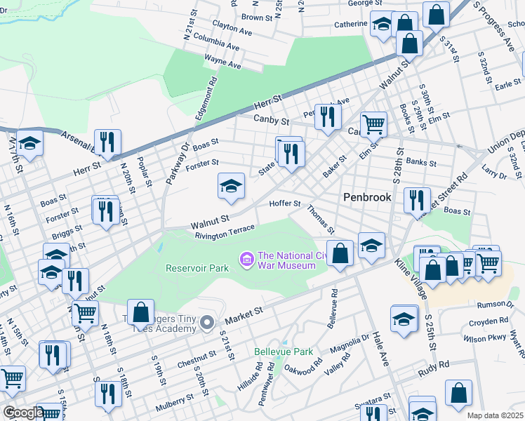 map of restaurants, bars, coffee shops, grocery stores, and more near 2303 Hoffer St in Harrisburg