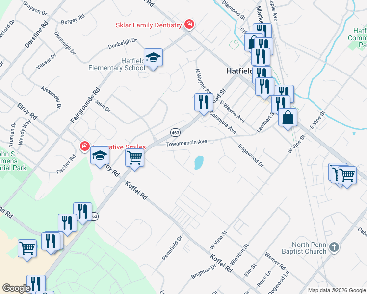 map of restaurants, bars, coffee shops, grocery stores, and more near 385 Towamencin Avenue in Hatfield