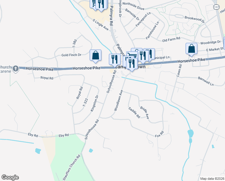map of restaurants, bars, coffee shops, grocery stores, and more near 136 Schoolhouse Road in Palmyra