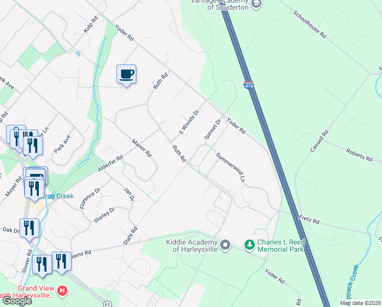map of restaurants, bars, coffee shops, grocery stores, and more near 164 Ruth Road in Harleysville