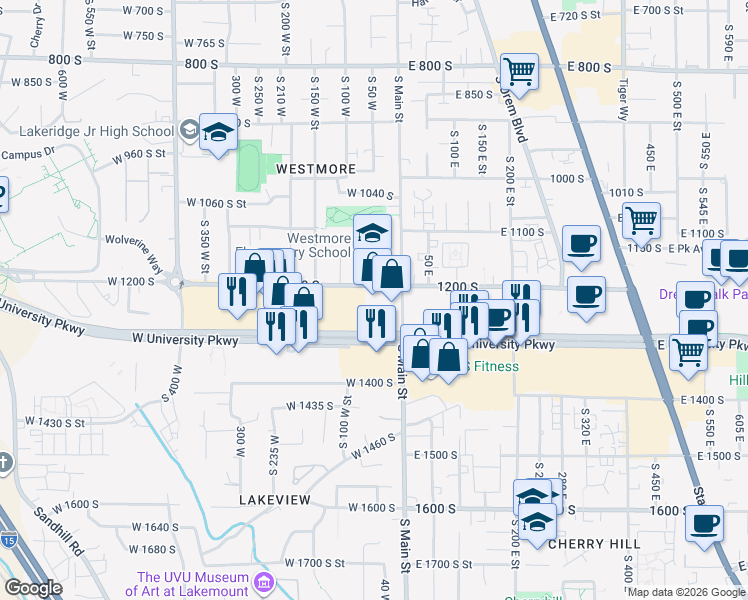 map of restaurants, bars, coffee shops, grocery stores, and more near 50 West University Parkway in Orem