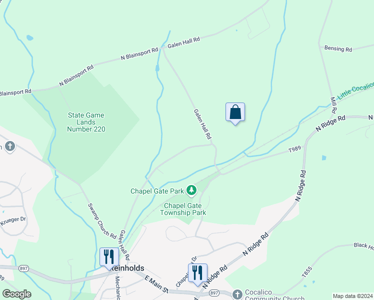 map of restaurants, bars, coffee shops, grocery stores, and more near 360 Galen Hall Road in Reinholds