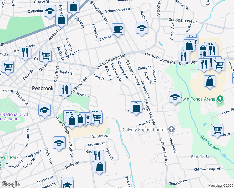 map of restaurants, bars, coffee shops, grocery stores, and more near 3200 Lescure Avenue in Harrisburg