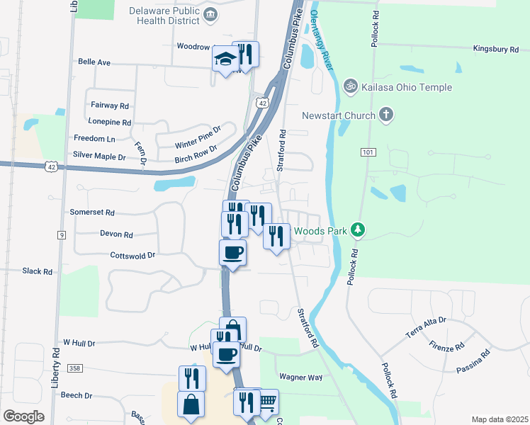 map of restaurants, bars, coffee shops, grocery stores, and more near 1160 Stratford Road in Delaware