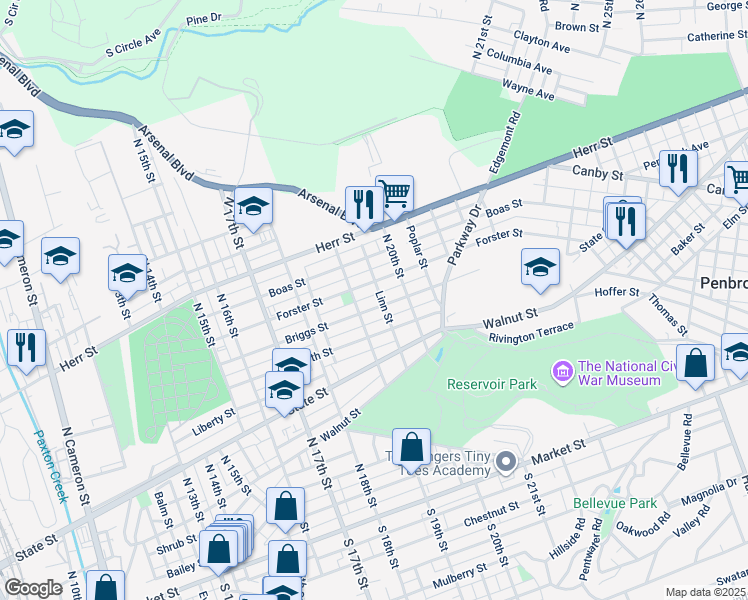 map of restaurants, bars, coffee shops, grocery stores, and more near 1928 Briggs Street in Harrisburg