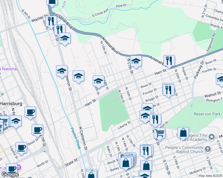 map of restaurants, bars, coffee shops, grocery stores, and more near 1424 Herr Street in Harrisburg