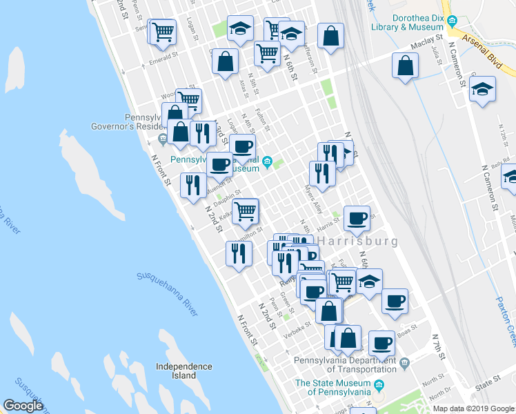 map of restaurants, bars, coffee shops, grocery stores, and more near 1738 North 3rd Street in Harrisburg