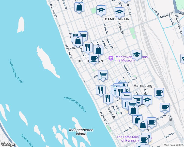 map of restaurants, bars, coffee shops, grocery stores, and more near 1827 North 2nd Street in Harrisburg