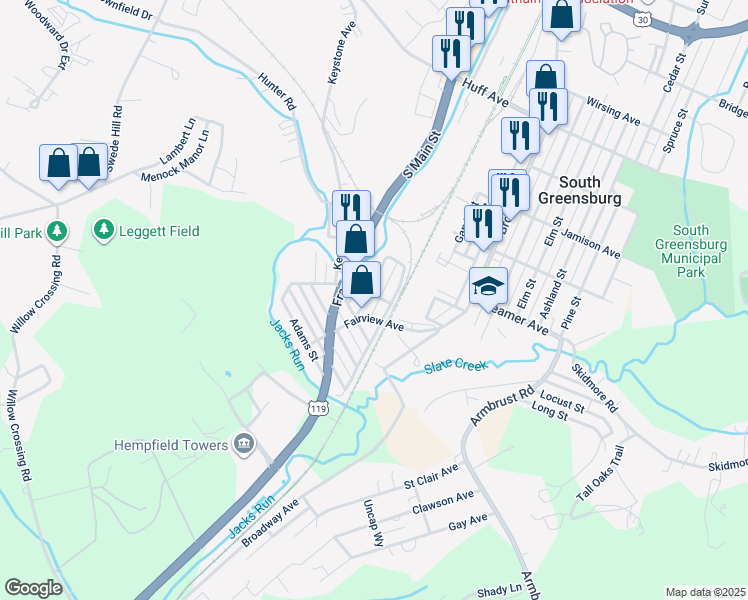 map of restaurants, bars, coffee shops, grocery stores, and more near 1812 Jefferson Street in Greensburg