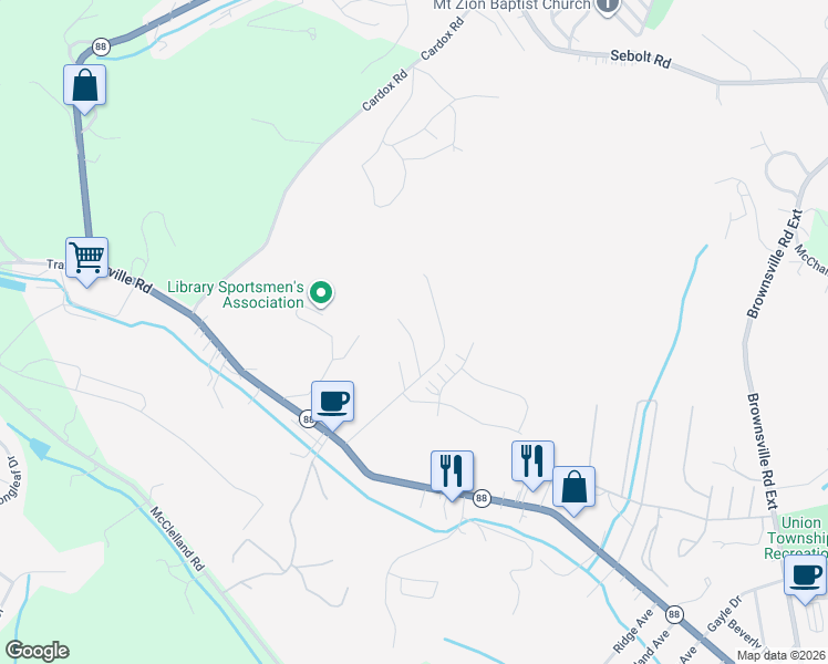 map of restaurants, bars, coffee shops, grocery stores, and more near 205 Woods Edge in Finleyville