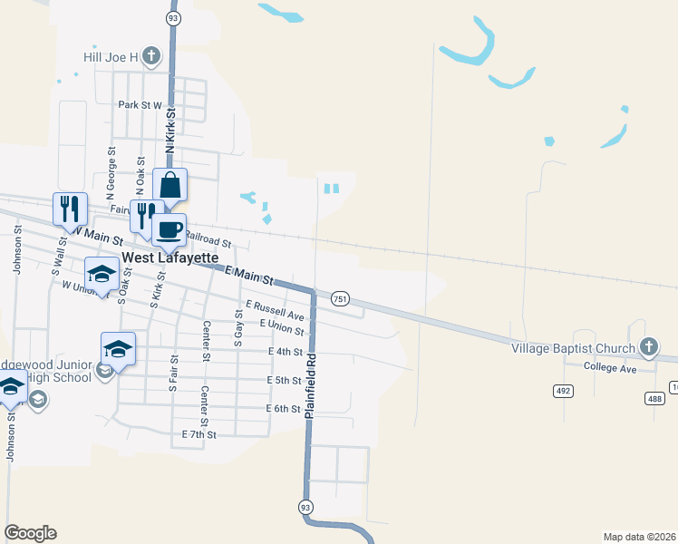 map of restaurants, bars, coffee shops, grocery stores, and more near 620 East West Main Street in West Lafayette
