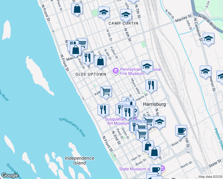 map of restaurants, bars, coffee shops, grocery stores, and more near 1738 North 3rd Street in Harrisburg