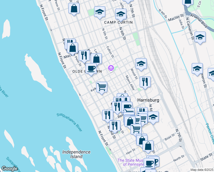 map of restaurants, bars, coffee shops, grocery stores, and more near 1728 North 3rd Street in Harrisburg