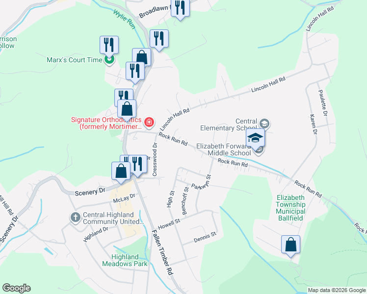 map of restaurants, bars, coffee shops, grocery stores, and more near 228 Rock Run Road in Elizabeth
