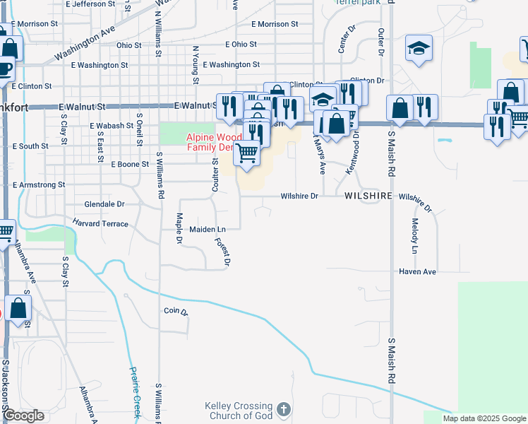 map of restaurants, bars, coffee shops, grocery stores, and more near 1411 Wilshire Court in Frankfort